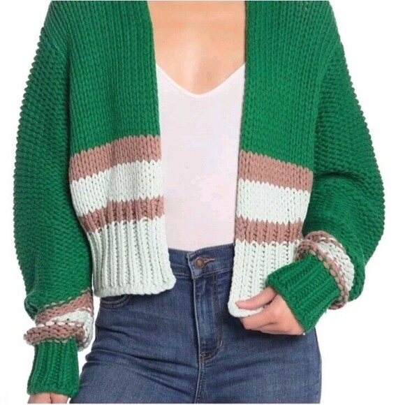 Free People Glow For It Open Cardigan sz Small Chunky Sweater Kelly Green Irish - Picture 1 of 13